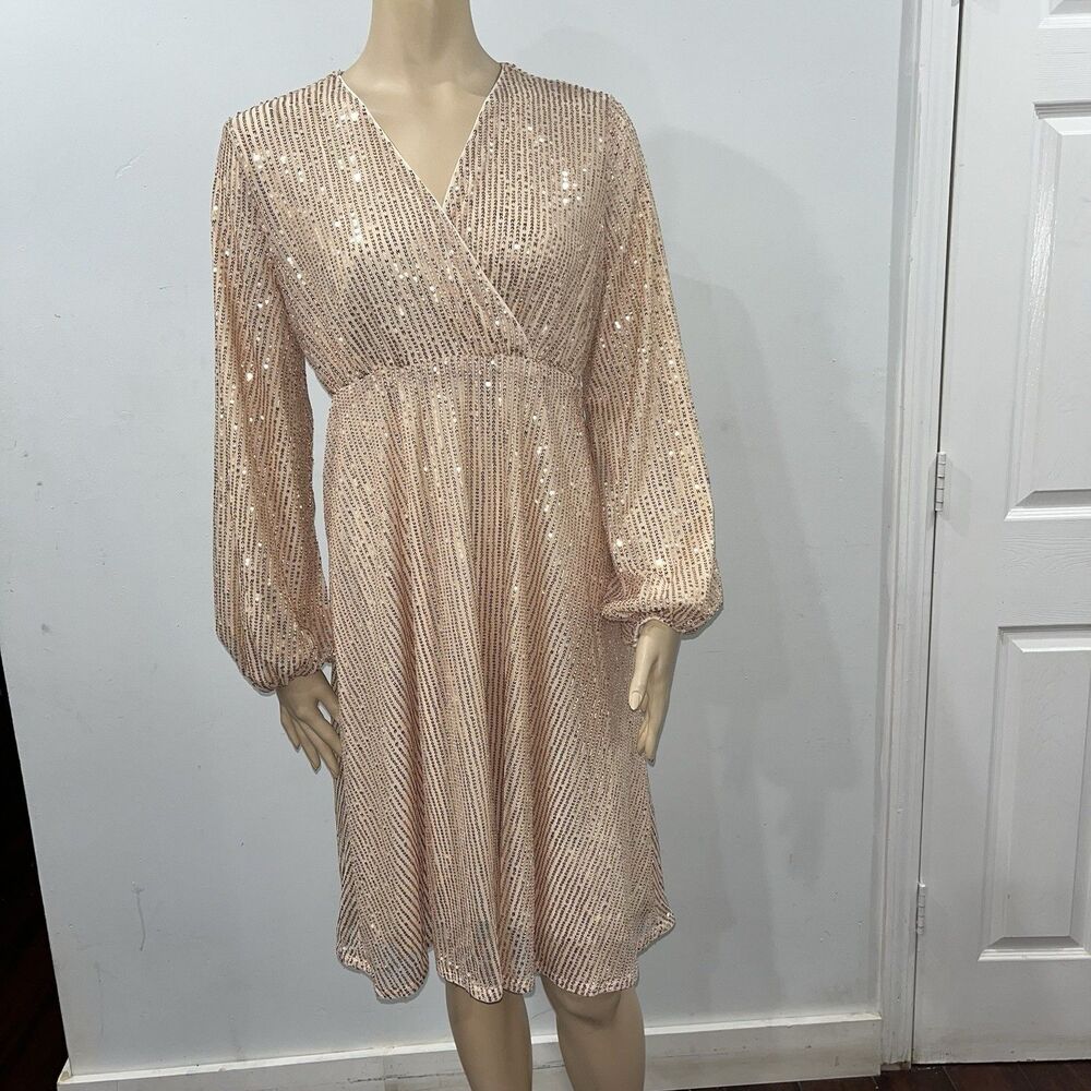 New SHEIN Dress, Size M Gold Sequins, Long Sleeve, Criss Cross Bust